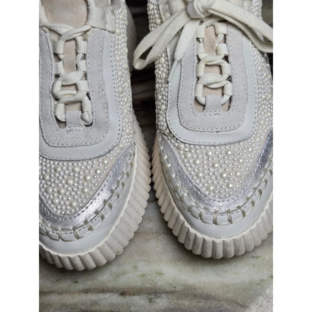 Dolce Vita Dolen Pearl Embellished Platform Sneakers Cream Silver Womens Shoes - Picture 10 of 10